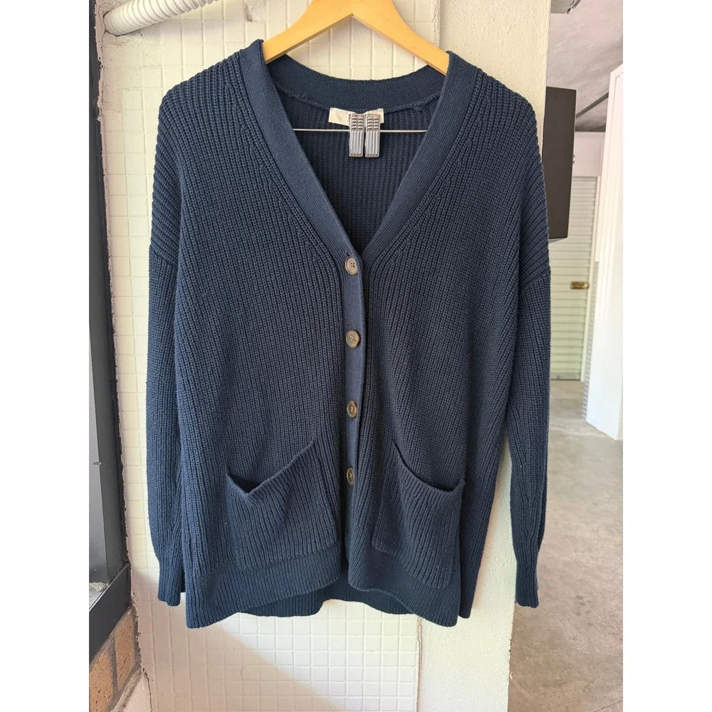 LOFT Cotton Knit Navy Blue Shaker Cardigan Sweater Button Front Large - Picture 2 of 9